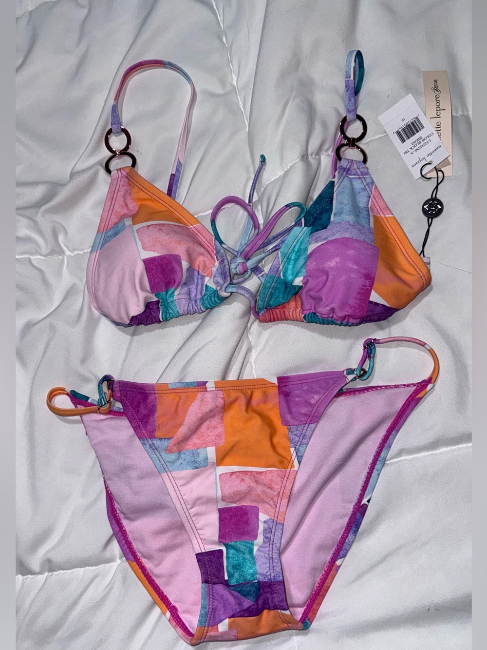 Nanette Lepore Colorblock Triangle Bikini Set in Pink & Purple size 10 NWTS
